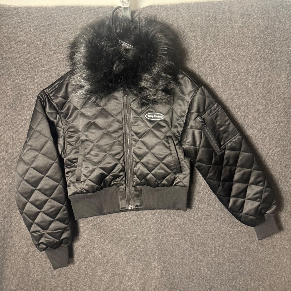 Womens M Juicy Couture Black Quilted Faux Fur Collar Aviator Bomber Jacket y2k